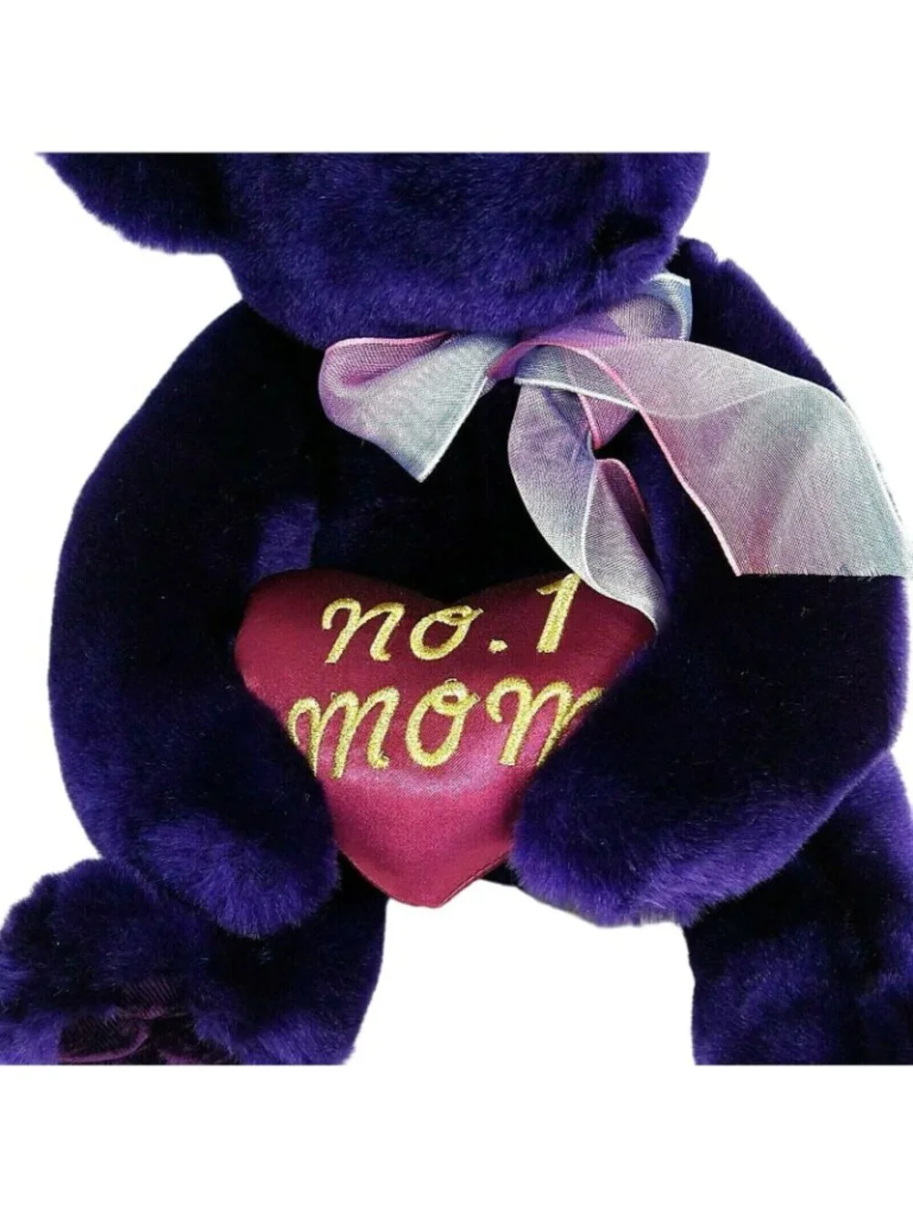 No 1 Mom Teddy Bear Plush Stuffed Animal Toy Dark Purple Heart Gold Trim 9 inch